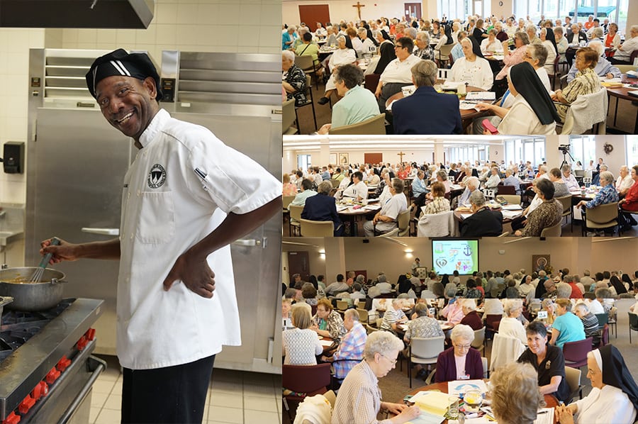 photo collage with chef and sisters in dining and event hall