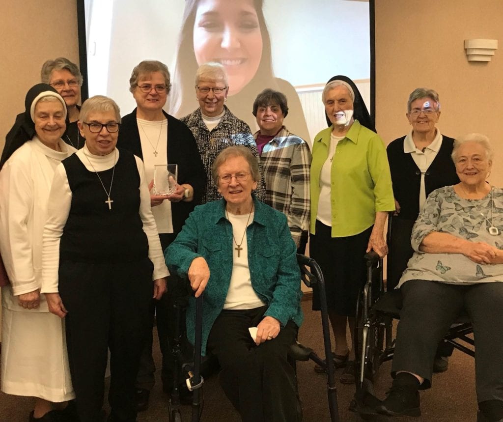 Sisters gathered for Sister Catherine Mary Currie's virtual award ceremony, March 18, 2021. 