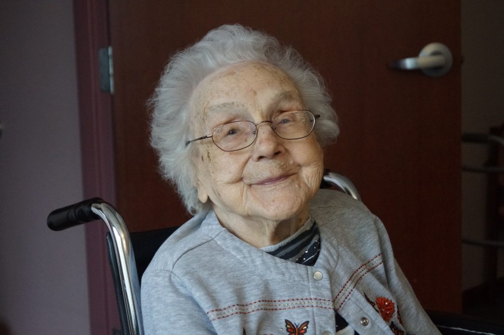 104-year-old Sister Elise Bocke is one of the Springfield Dominican Sisters who lives in the Dominican Sisters’ private residential facility on West Monroe Street in Springfield, Ill.
