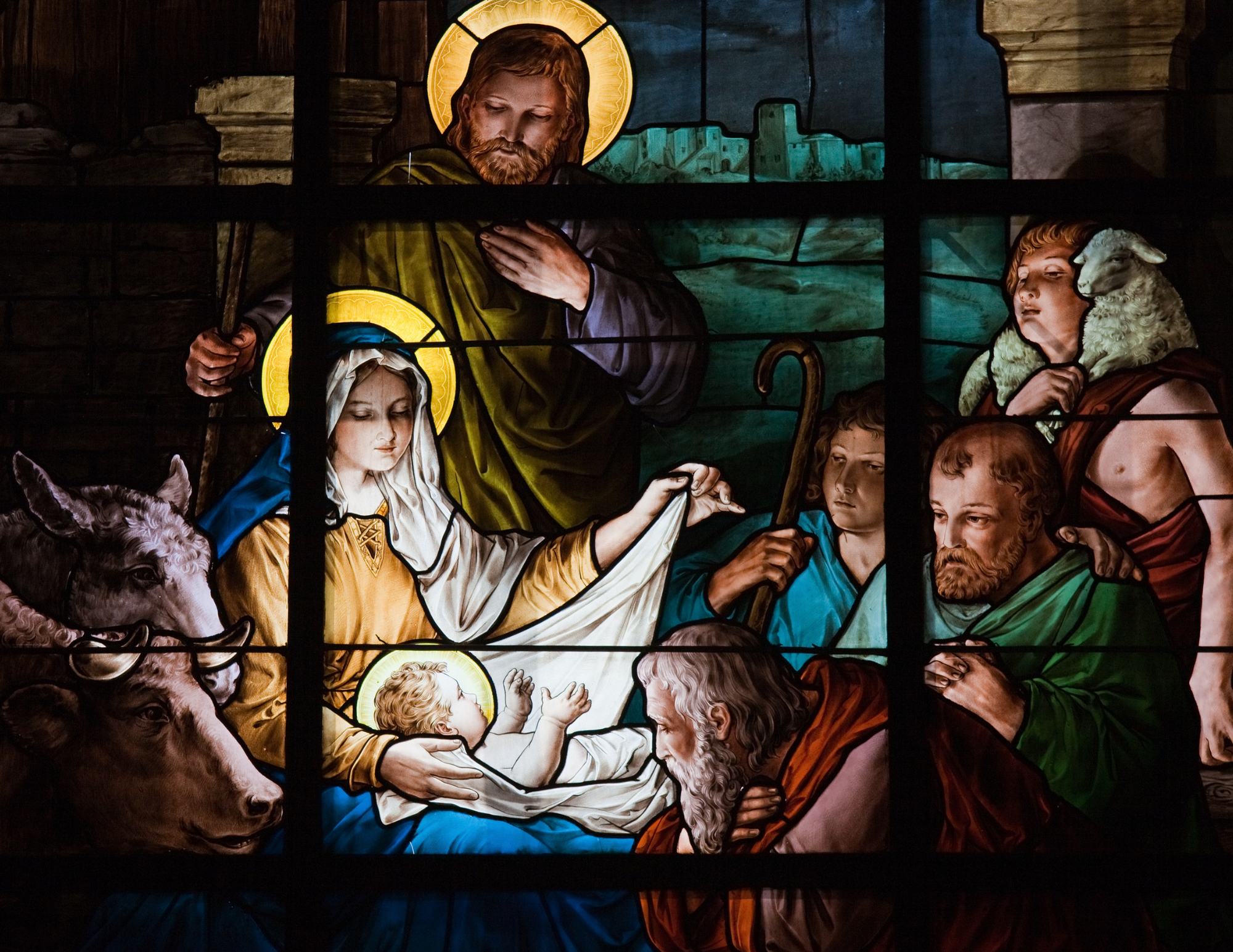 nativity scene in stained glass