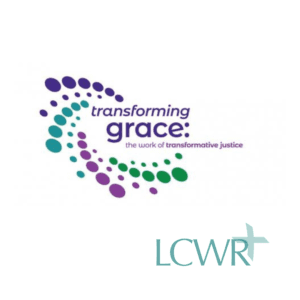 In the swirling galaxy, the words Transforming grace, the work of transformative justice from the Leadership Conference of Women religious