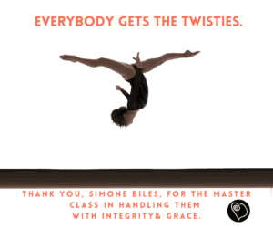 gymnast leaping in the air with words "EVERYBODY GETS THE TWISTIES"