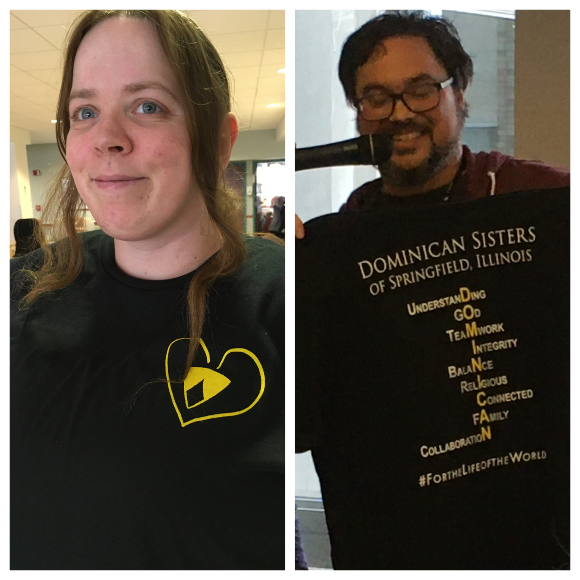 Audrey Peacock  and Aaron Tebrinke show the front and back of the new t-shirt to the sisters at the annual tea held on Tuesday, March 10, 2020.