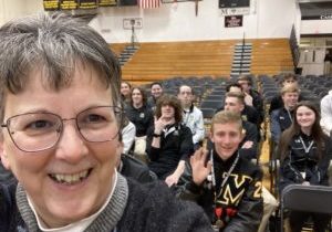 Sister Beth Murphy at a Marian Catholic High School student assembly. 