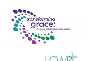 In the swirling galaxy, the words Transforming grace, the work of transformative justice from the Leadership Conference of Women religious