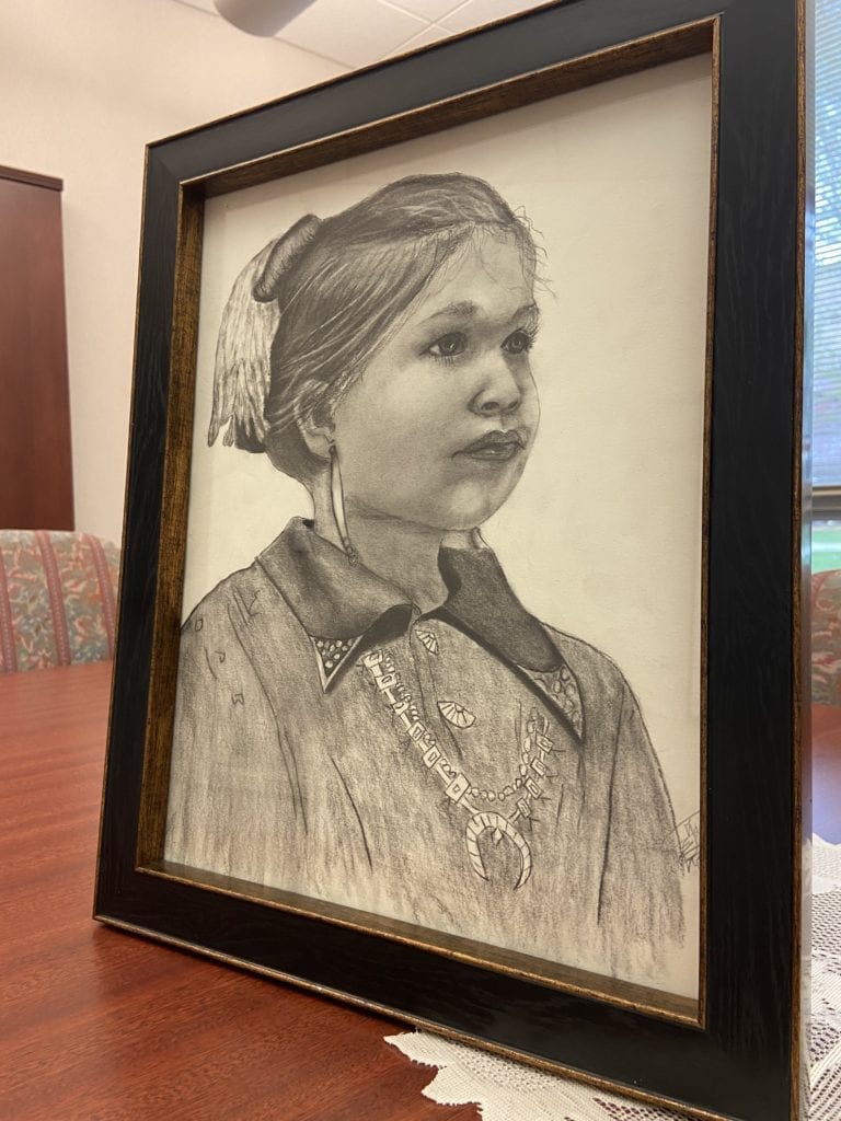pencil sketched portrait of young Native American girl named Morning Star